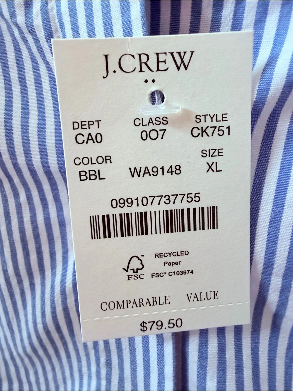 J.Crew Factory Blue White Stripe Puff Sleeve Tie Front Blouse XL Cotton NWT - Picture 3 of 4